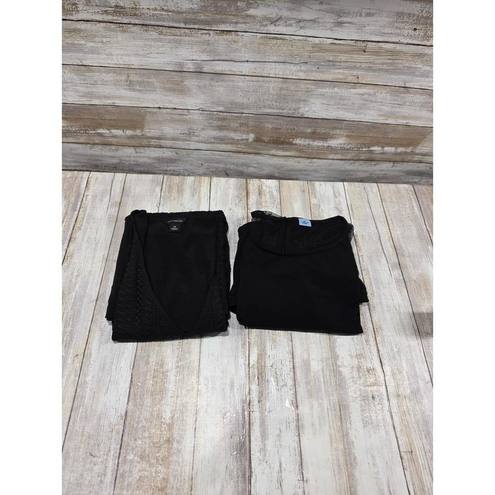 Ann Taylor Womens Black Long Sleeve Top Bundle Mesh Sleeve Textured Bell M